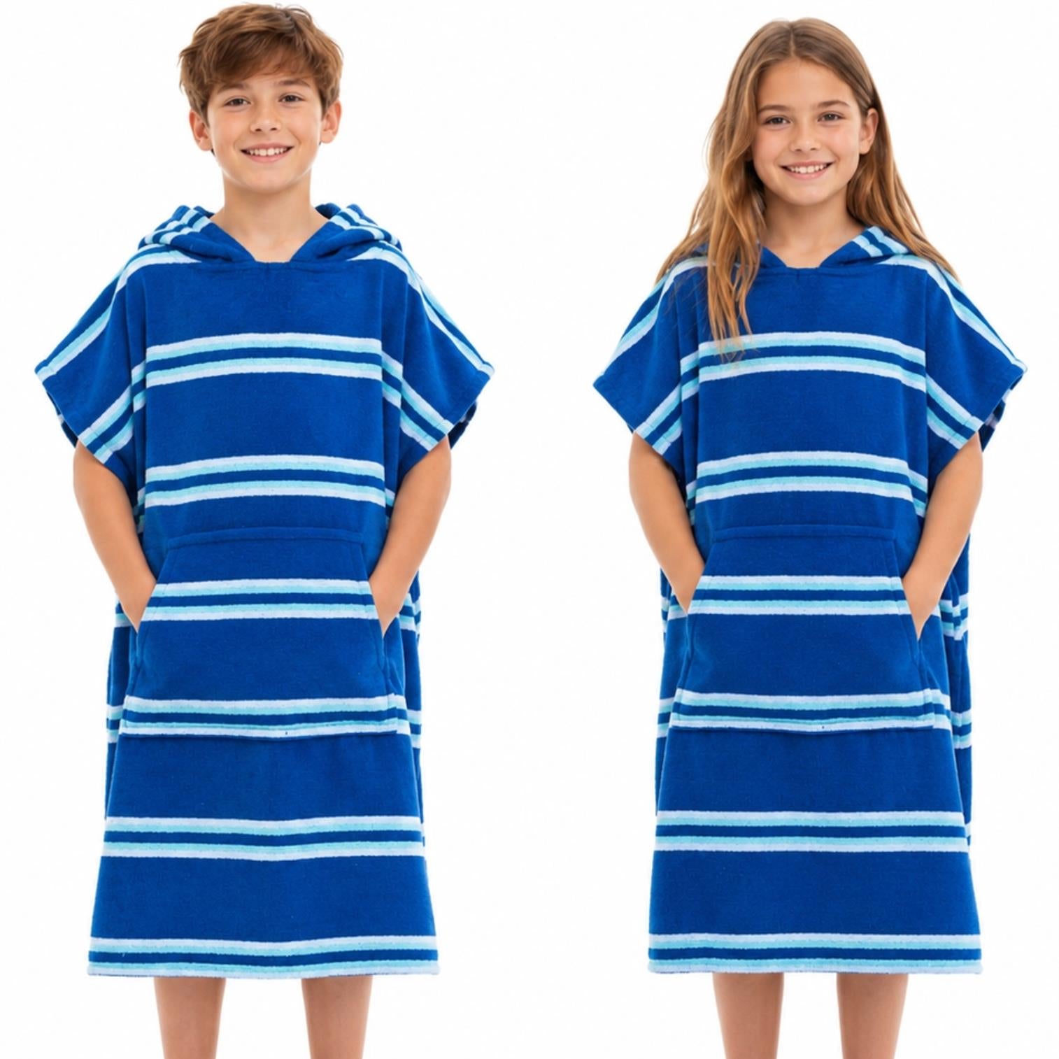 Two children wearing blue and white striped hooded towels on a white background