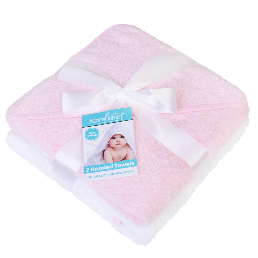 2 x Baby Hooded Towel, Pink and White, 65x65cm - Adore Home