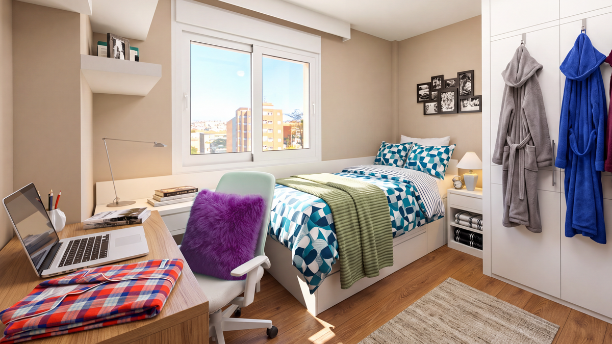 A modern, well-lit studio apartment bedroom featuring a single bed with blue and white patterned bedding, a wooden desk with a laptop and chair, and a white wardrobe with gray and blue bathrobes hanging on it.