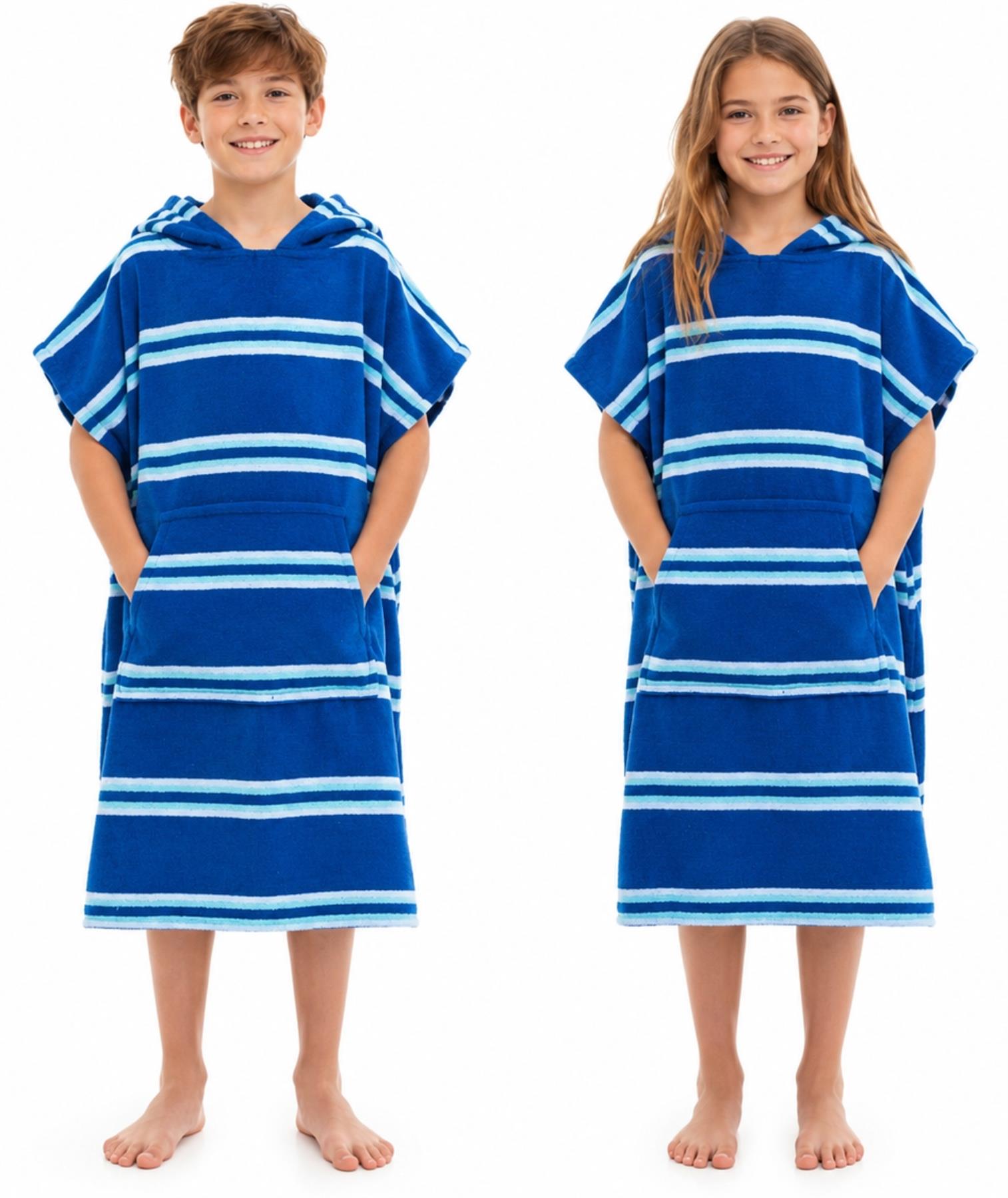 Two children wearing blue and white striped hooded towels on a white background