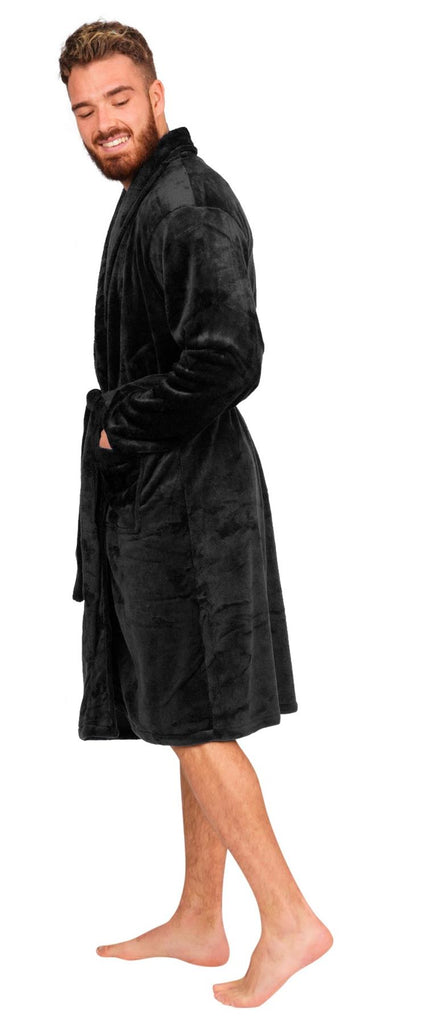 Mens Black Flannel Fleece Bathrobe - Adore Home