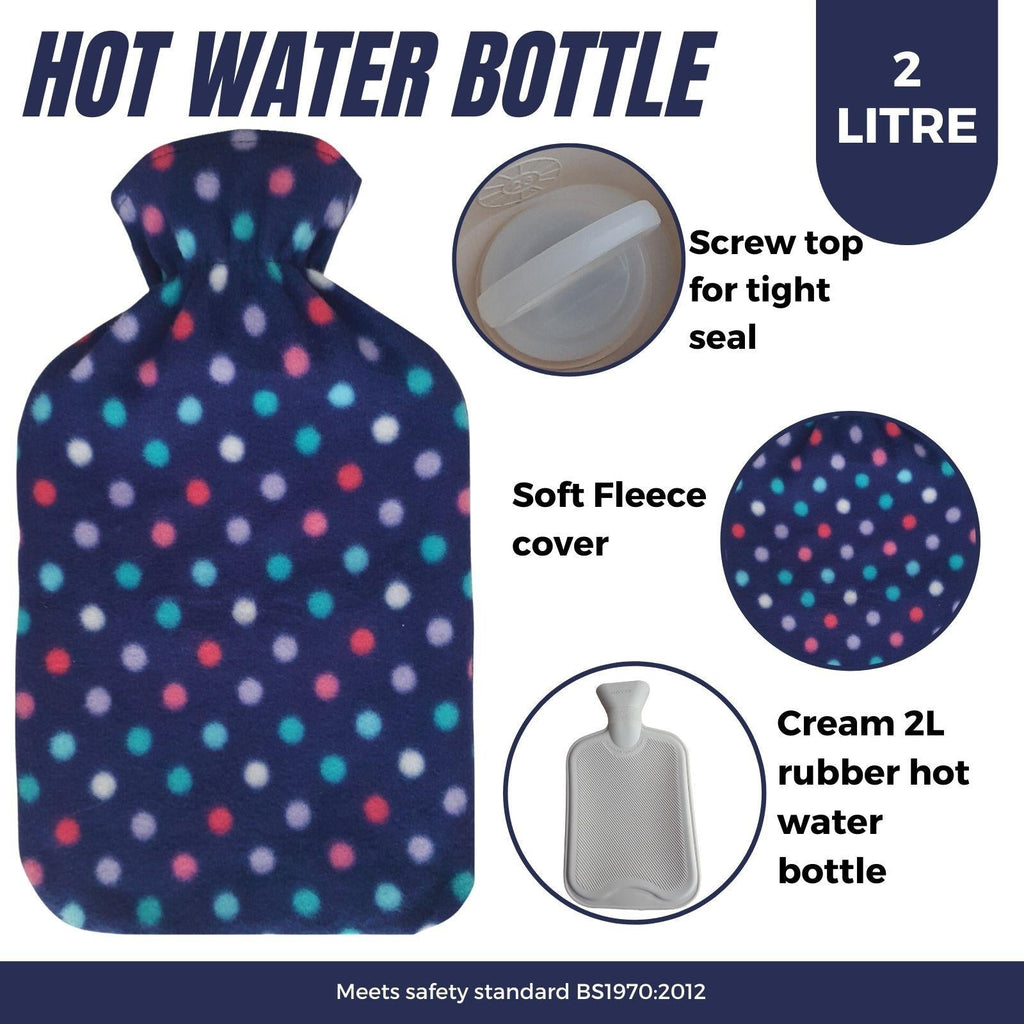 Hot Water Bottle With Polka Dot Fleece Cover 2L - Adore Home