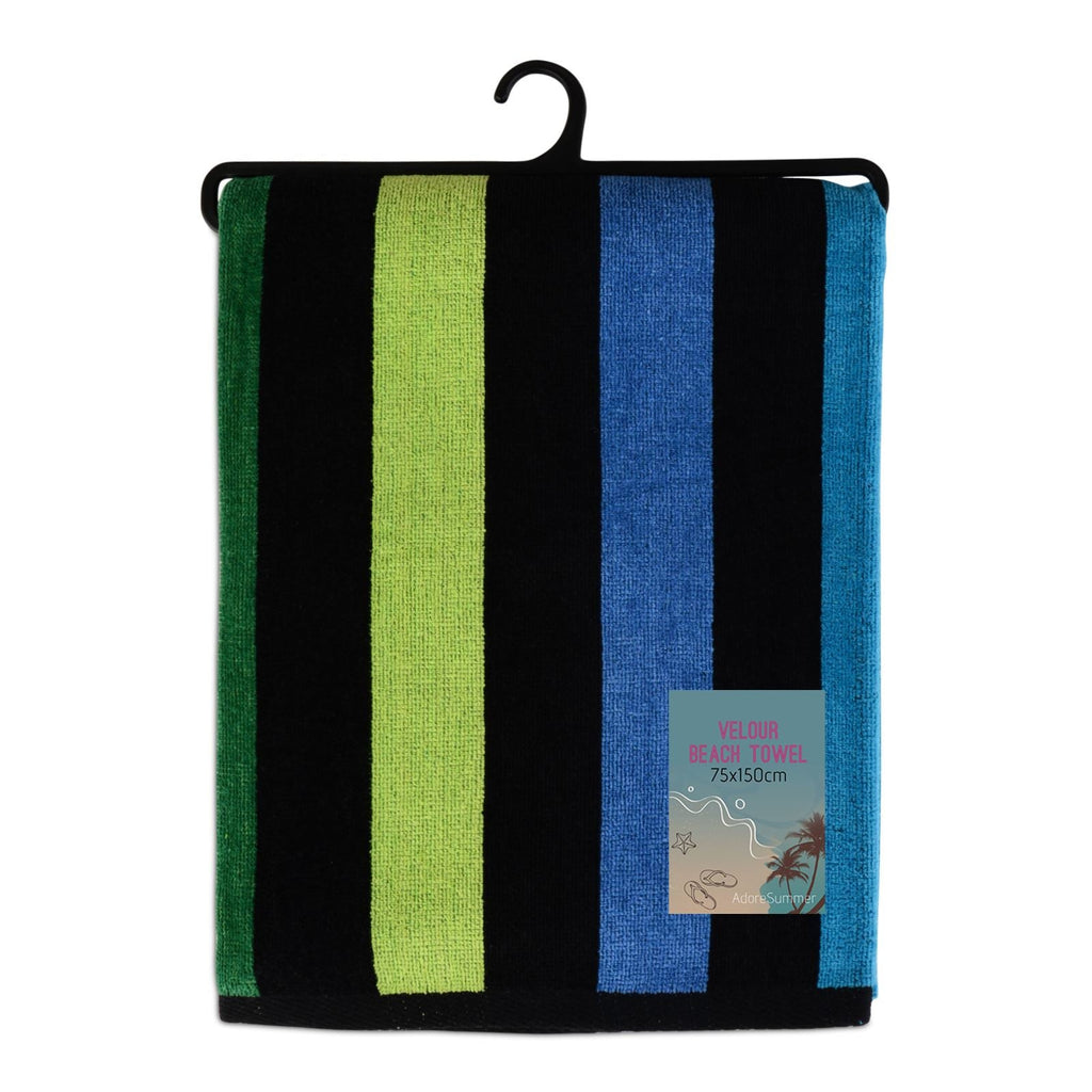 Velour Striped Beach Towel, 75x150cm, Blue, Green & Black Stripe - Adore Home