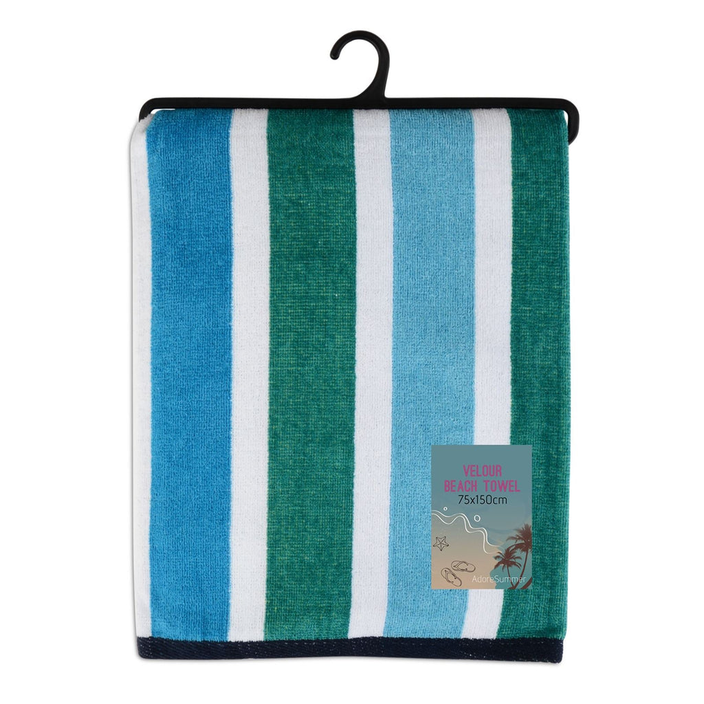 Velour Striped Beach Towel, 75x150cm, Blue, Green & White Stripe - Adore Home